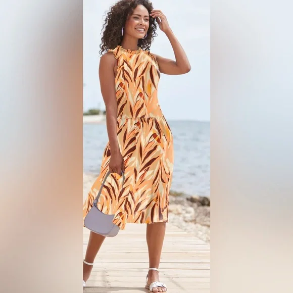 Venus Smock Tiered Midi Dress/Orange Patterned Size Small NWOT🤎 - Picture 1 of 5